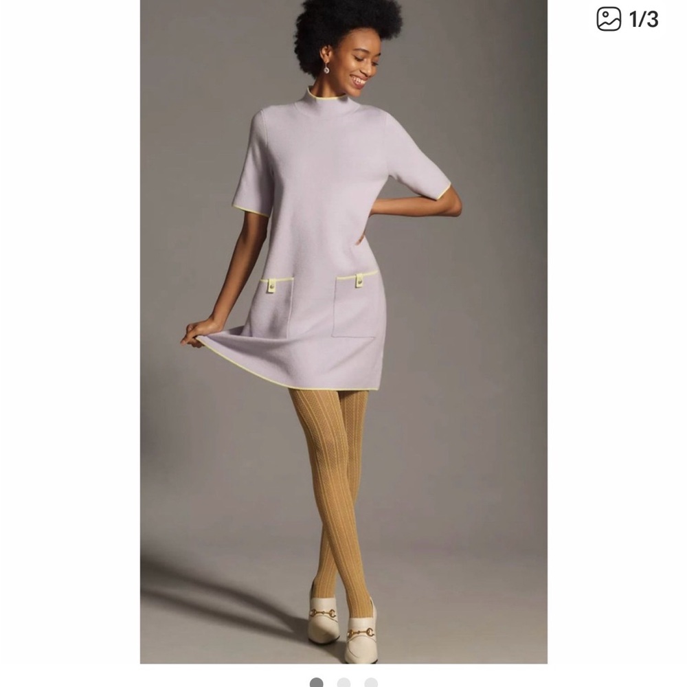 Anthropologie Annalise Mock Neck Chenille Lavender Mini Dress with Yellow Trim